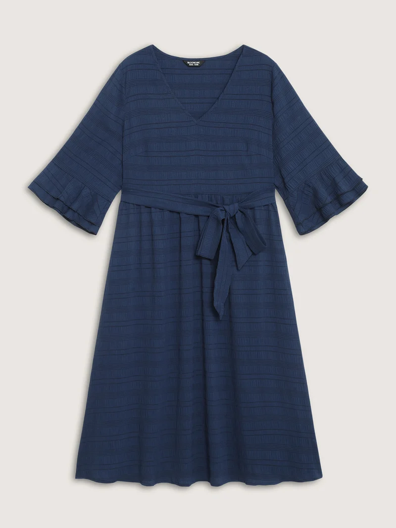 Textured Layered Ruffled Sleeve Belted Midi Dress
