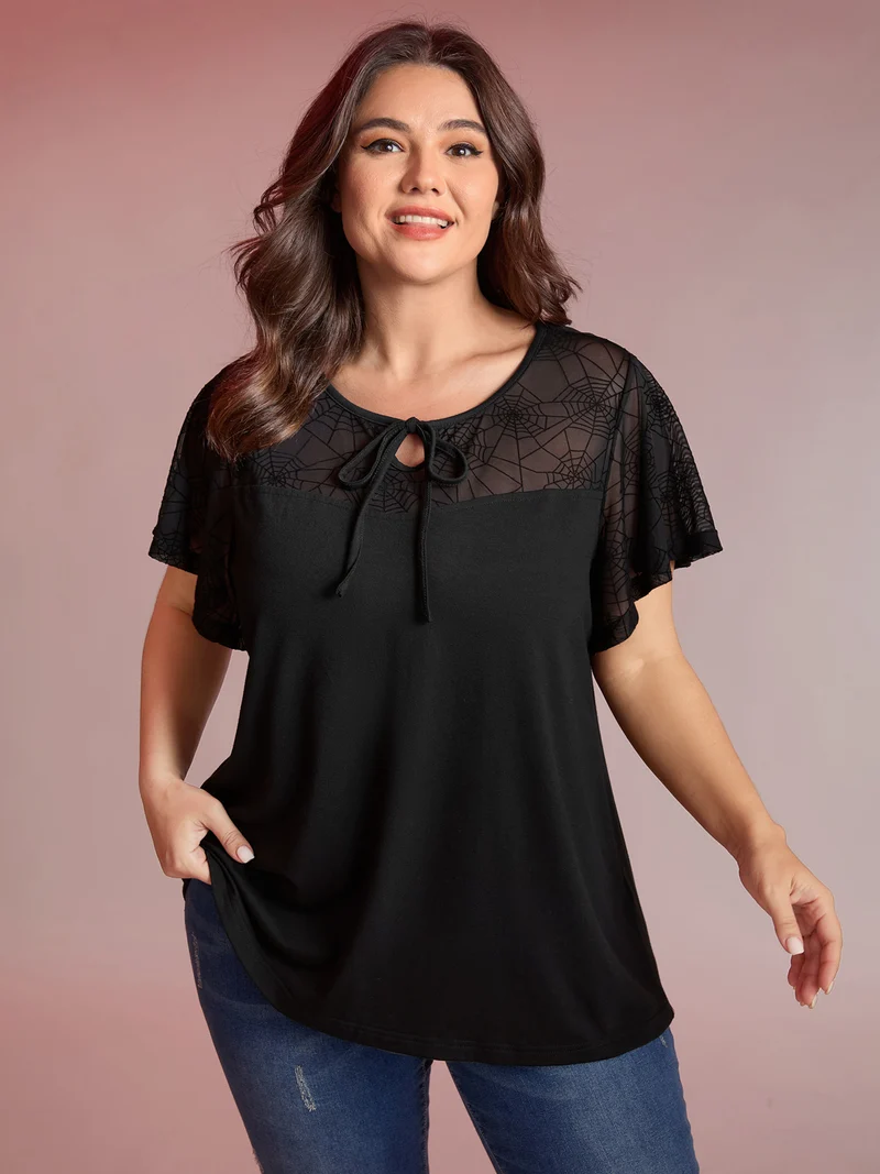 Sheer Neckline Tie Ruffled Sleeve T-Shirt