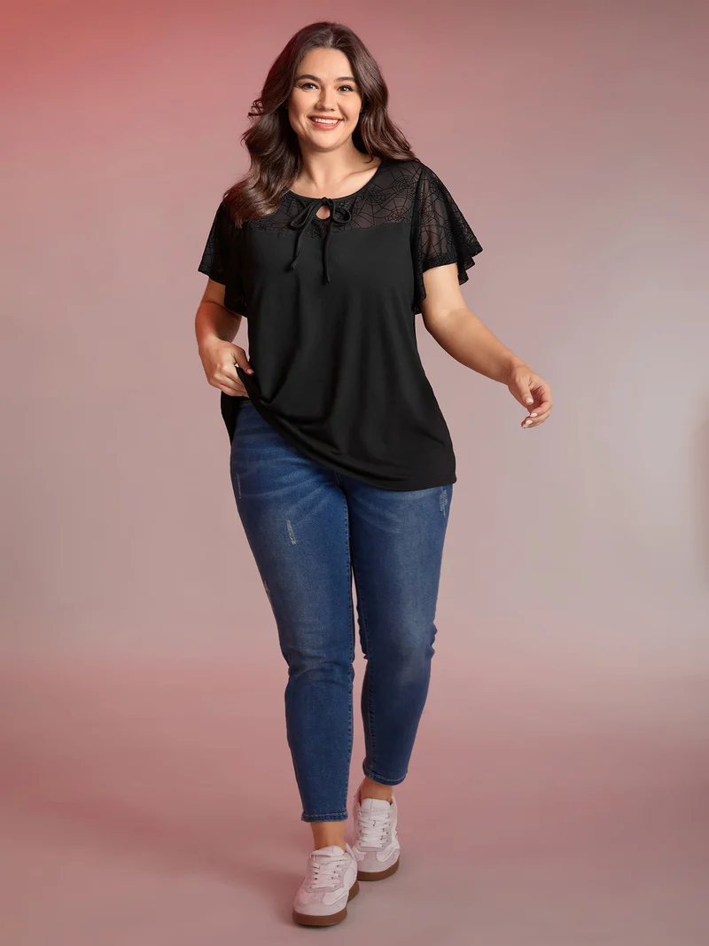 Sheer Neckline Tie Ruffled Sleeve T-Shirt