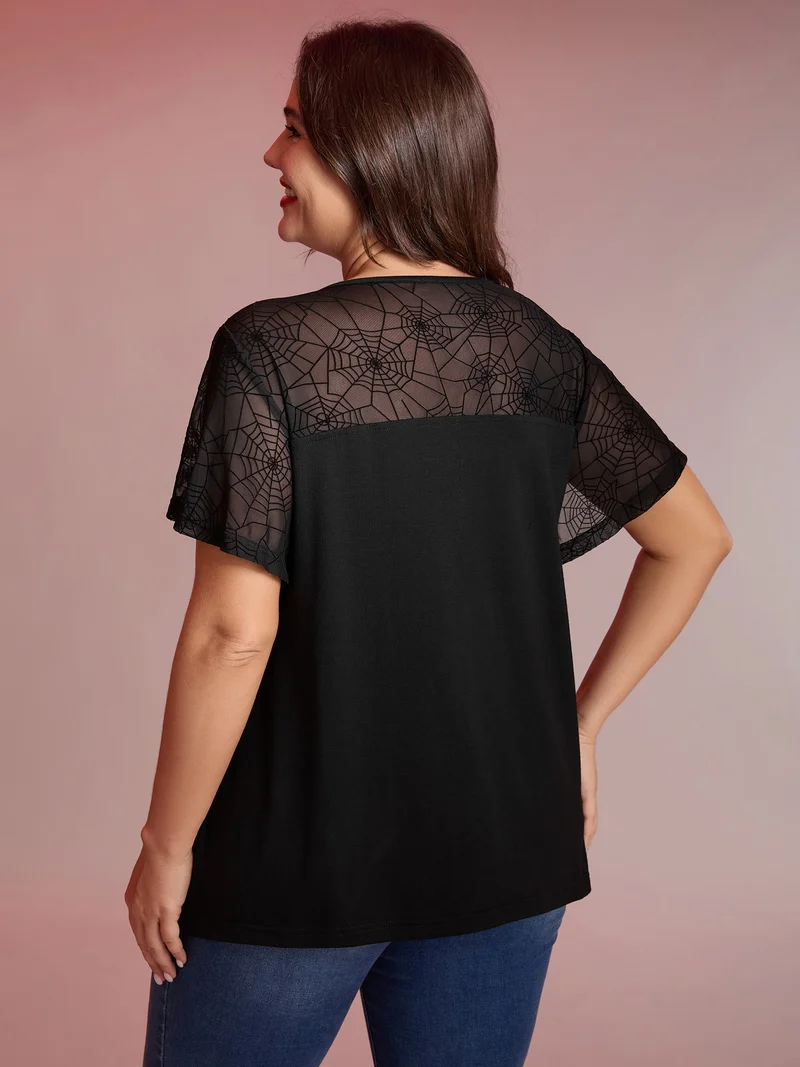Sheer Neckline Tie Ruffled Sleeve T-Shirt