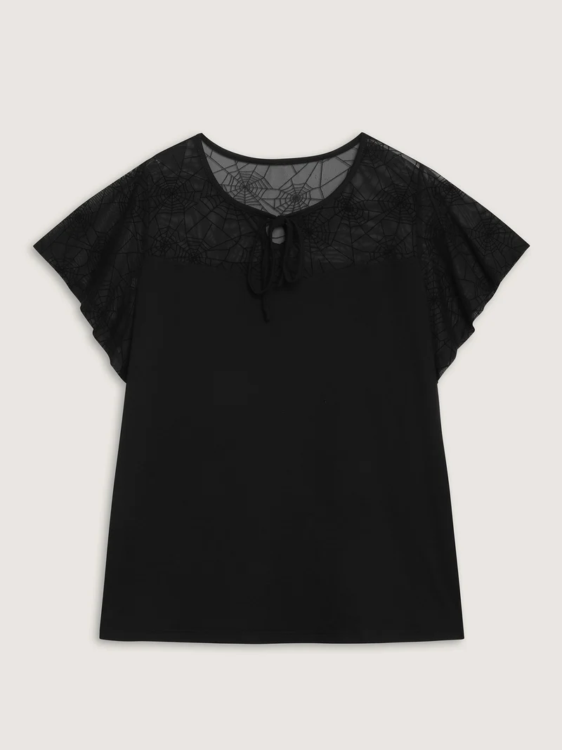 Sheer Neckline Tie Ruffled Sleeve T-Shirt