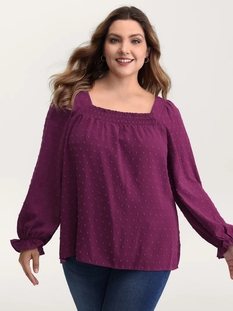 Shirred Neckline Bust-Ease Textured Blouse