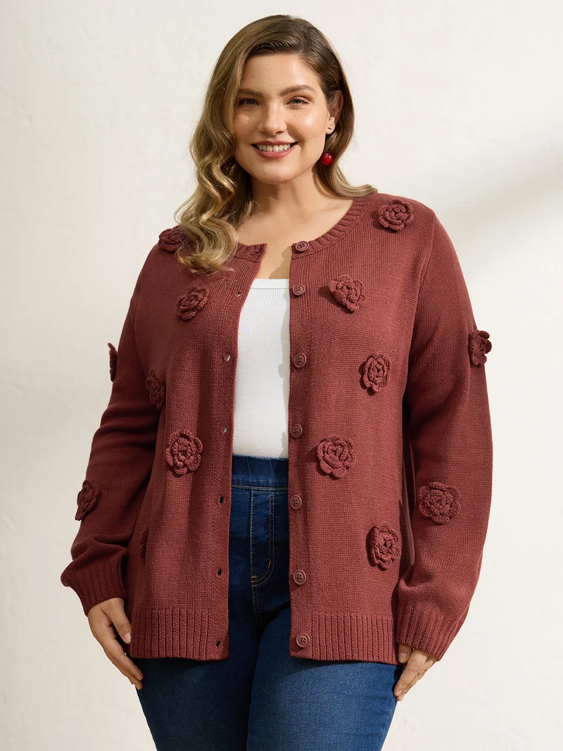 3D Floral Pattern Round Neck Knit Cardigan