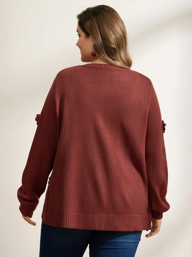 3D Floral Pattern Round Neck Knit Cardigan