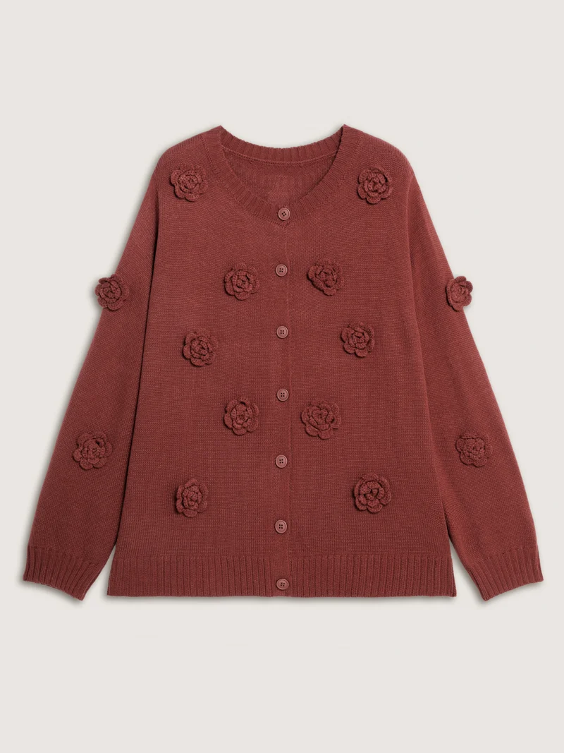 3D Floral Pattern Round Neck Knit Cardigan