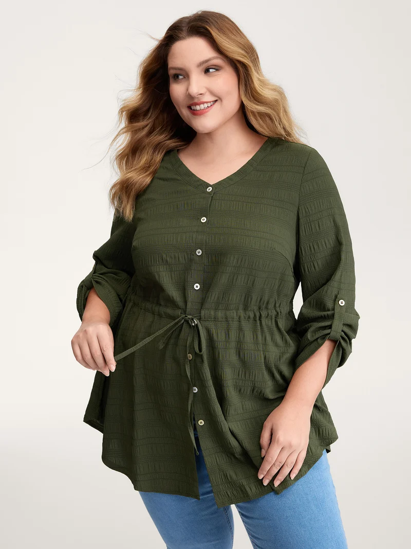 Textured Tab Sleeve Waist Drawstring Blouse