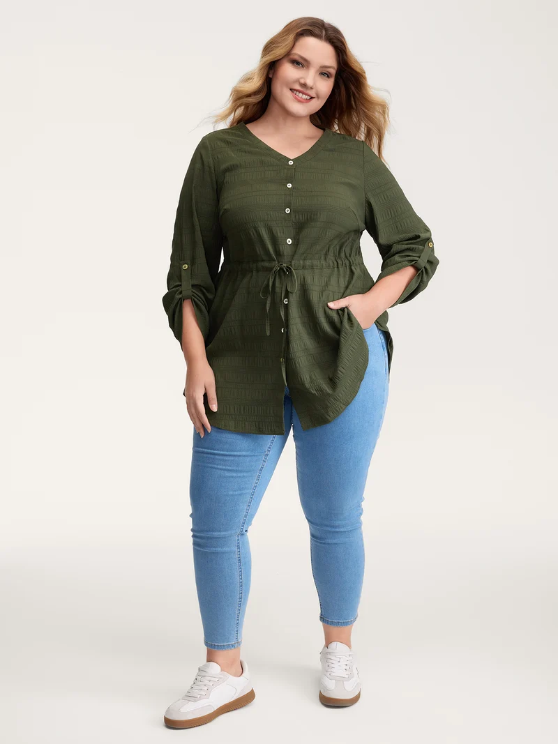 Textured Tab Sleeve Waist Drawstring Blouse