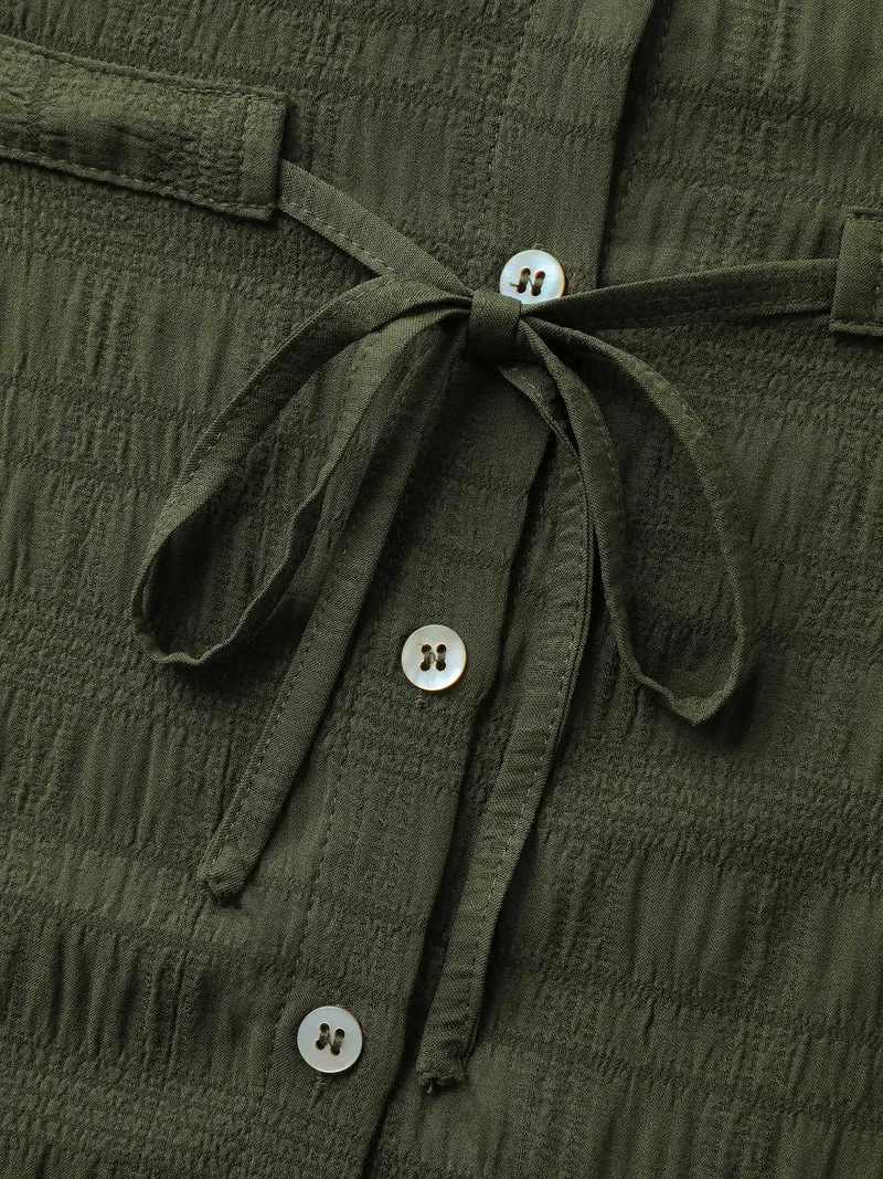 Textured Tab Sleeve Waist Drawstring Blouse