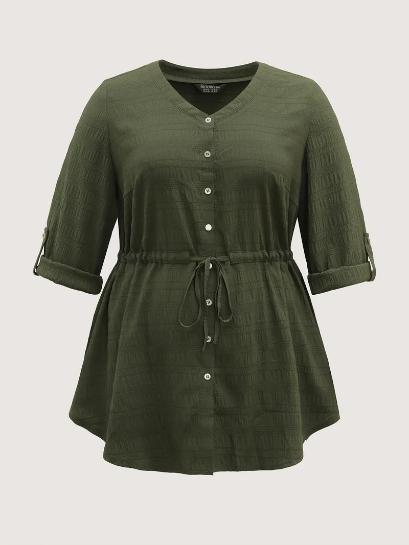 Textured Tab Sleeve Waist Drawstring Blouse