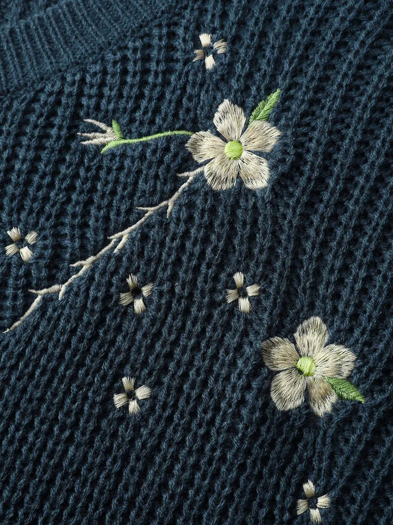 Floral Embroidery Textured Relaxed-Fit Pullover