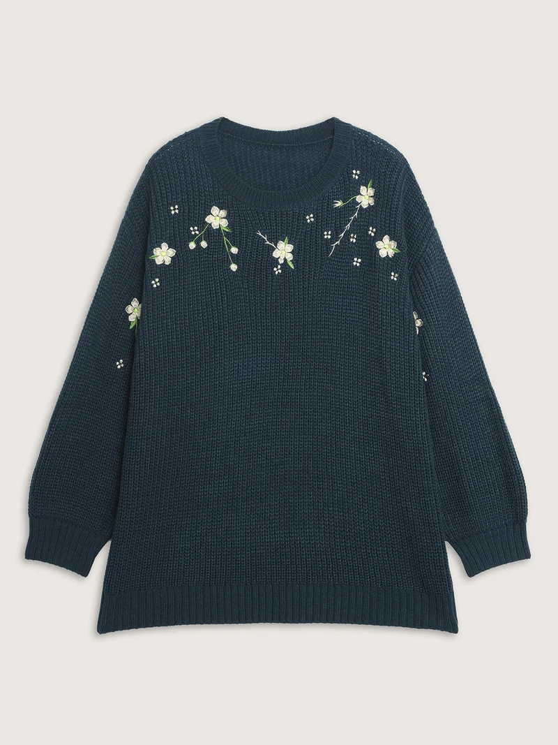 Floral Embroidery Textured Relaxed-Fit Pullover