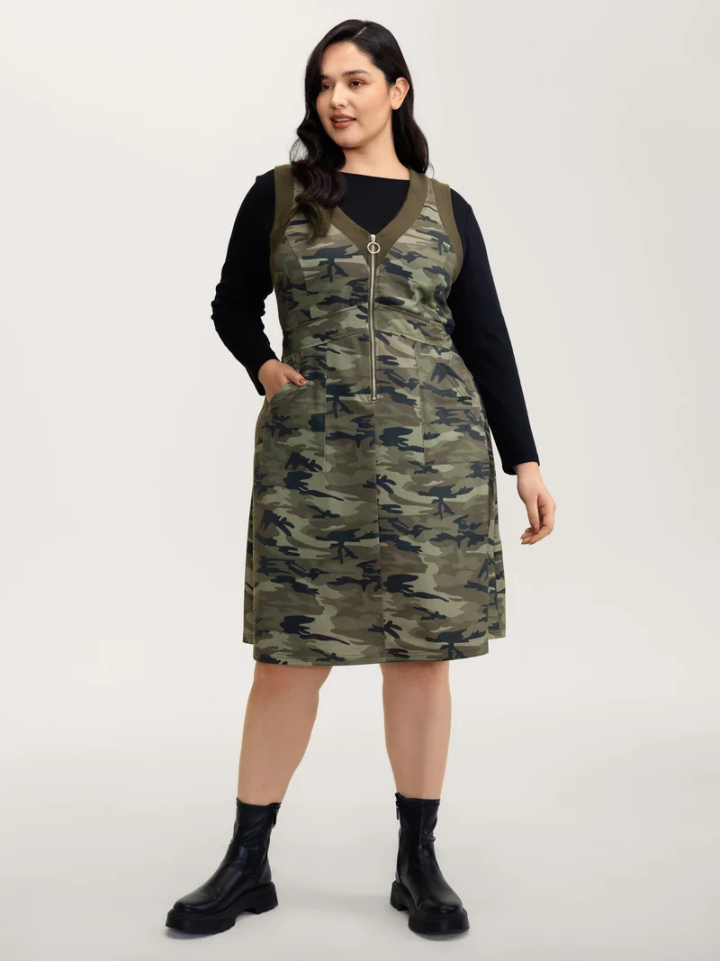 Camouflage Print Zipper Front Pockets Midi Dress