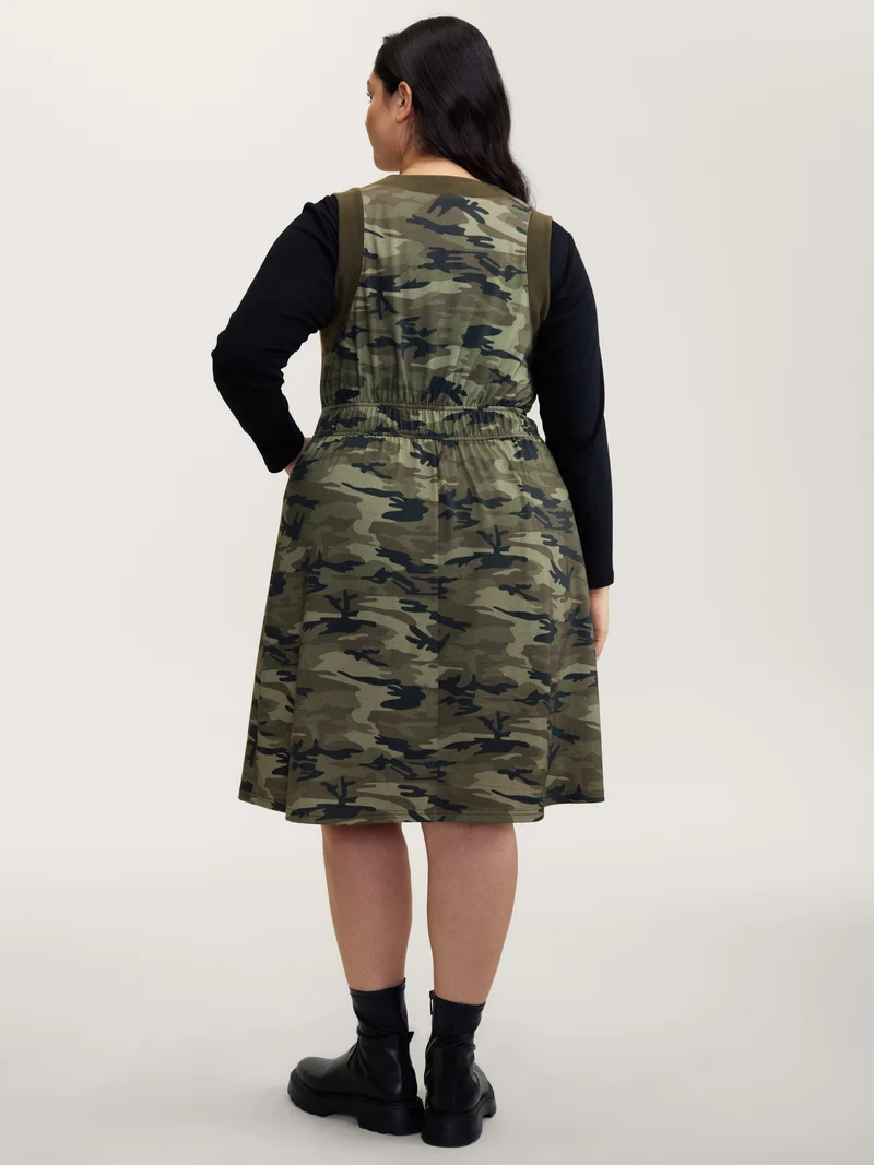 Camouflage Print Zipper Front Pockets Midi Dress