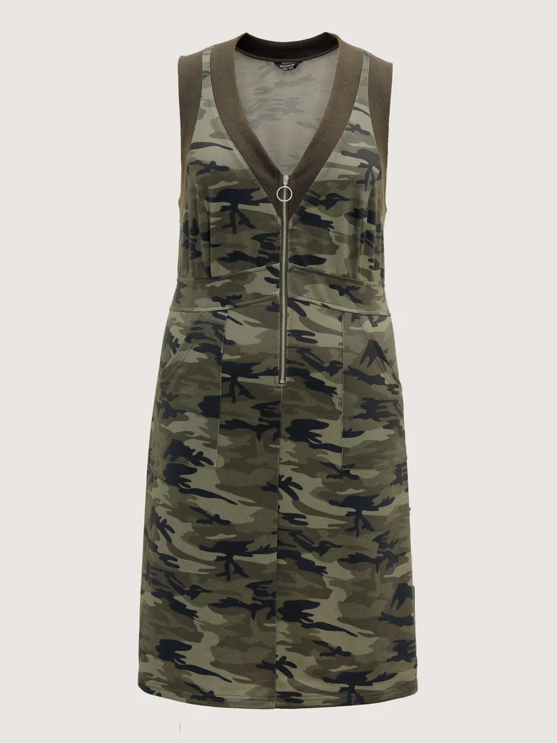 Camouflage Print Zipper Front Pockets Midi Dress