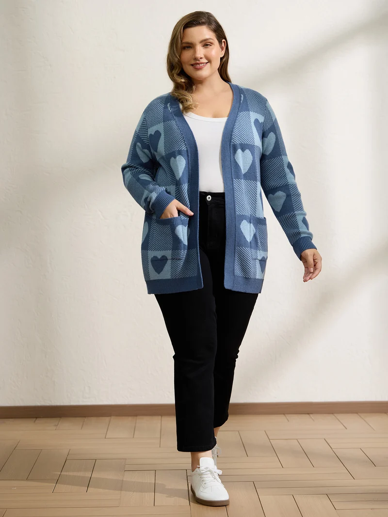 Supersoft Checkered Hearts Jacquard Pockets Knit Cardigan
