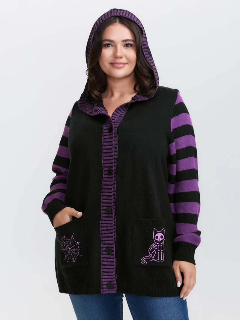 Stripes Sleeve Contrast Hooded Cardigan