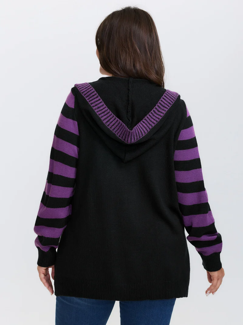 Stripes Sleeve Contrast Hooded Cardigan