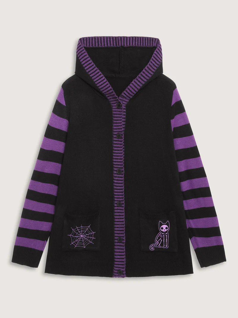 Stripes Sleeve Contrast Hooded Cardigan
