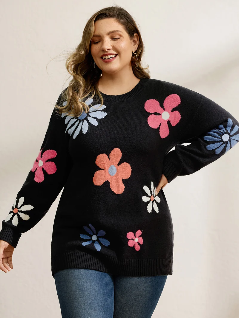 Supersoft Large Flower Jacquard Pattern Pullover