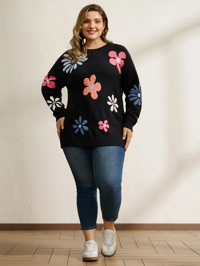 Supersoft Large Flower Jacquard Pattern Pullover