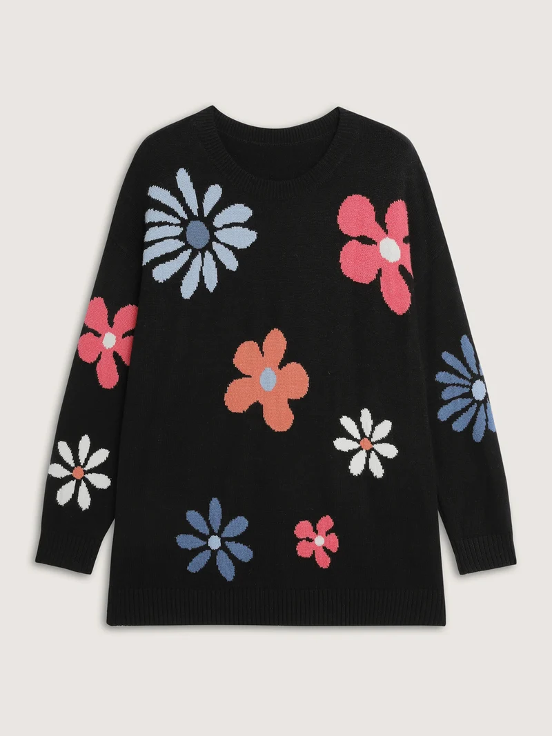 Supersoft Large Flower Jacquard Pattern Pullover