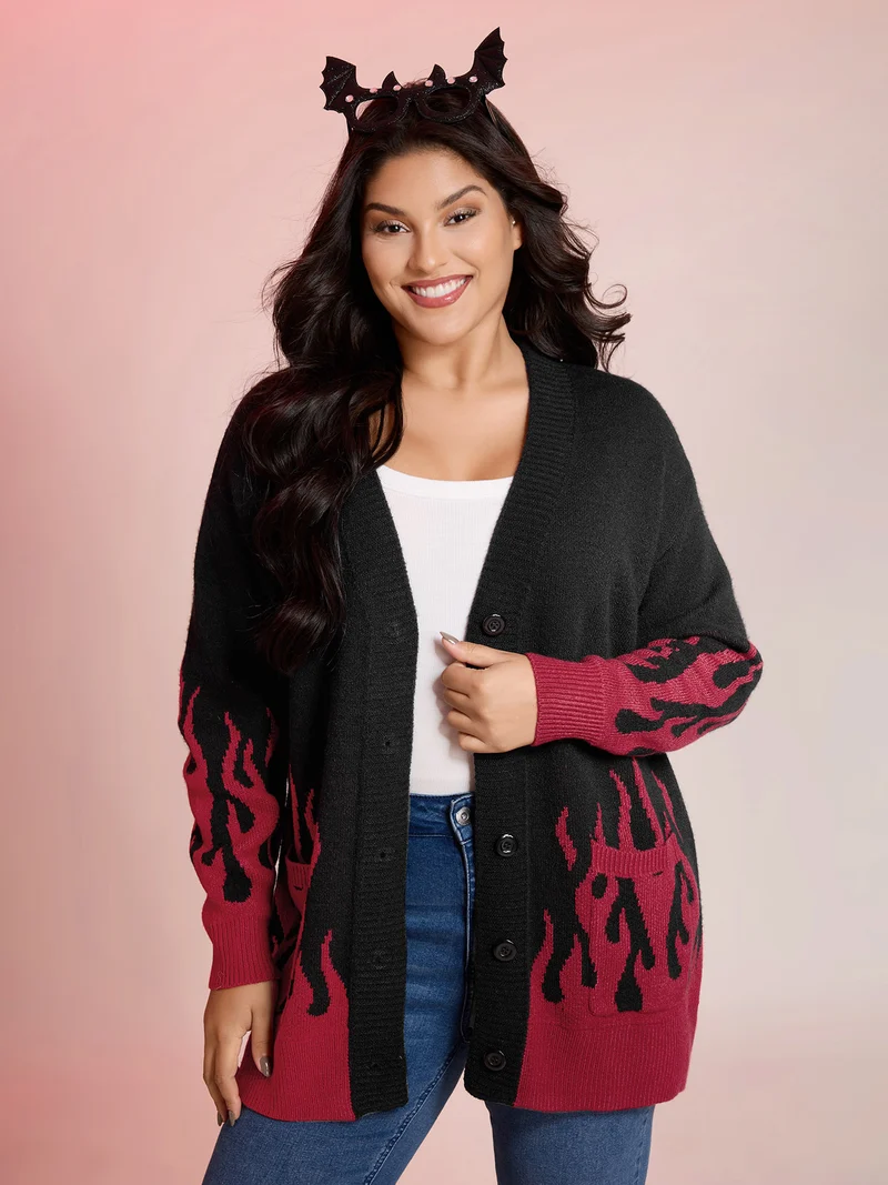 Flame Pattern Ribbed Hem Pockets Knit Cardigan