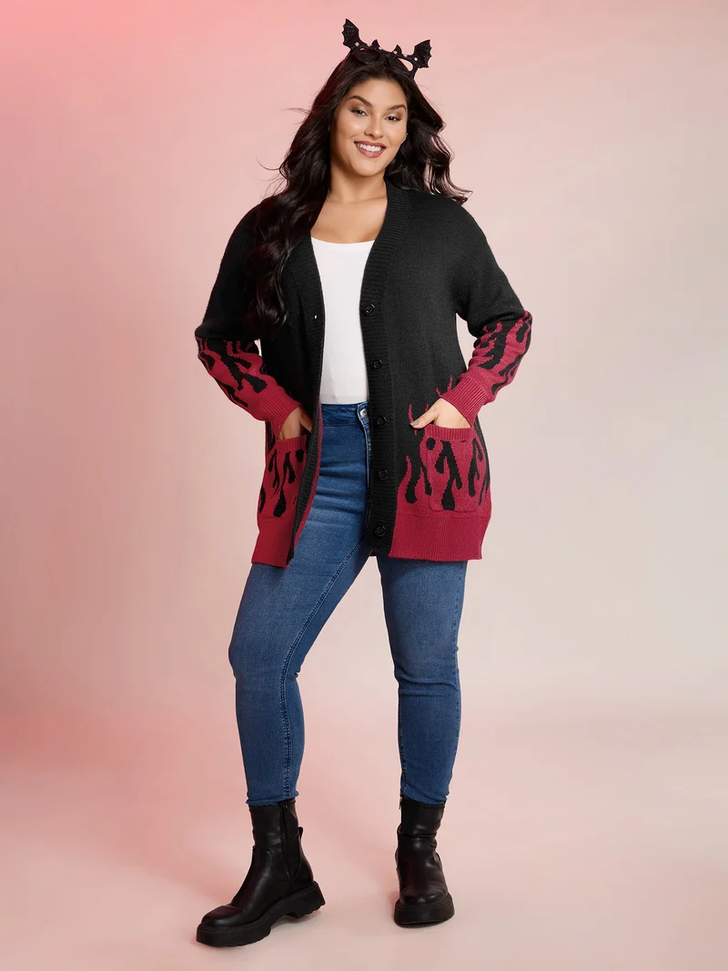 Flame Pattern Ribbed Hem Pockets Knit Cardigan