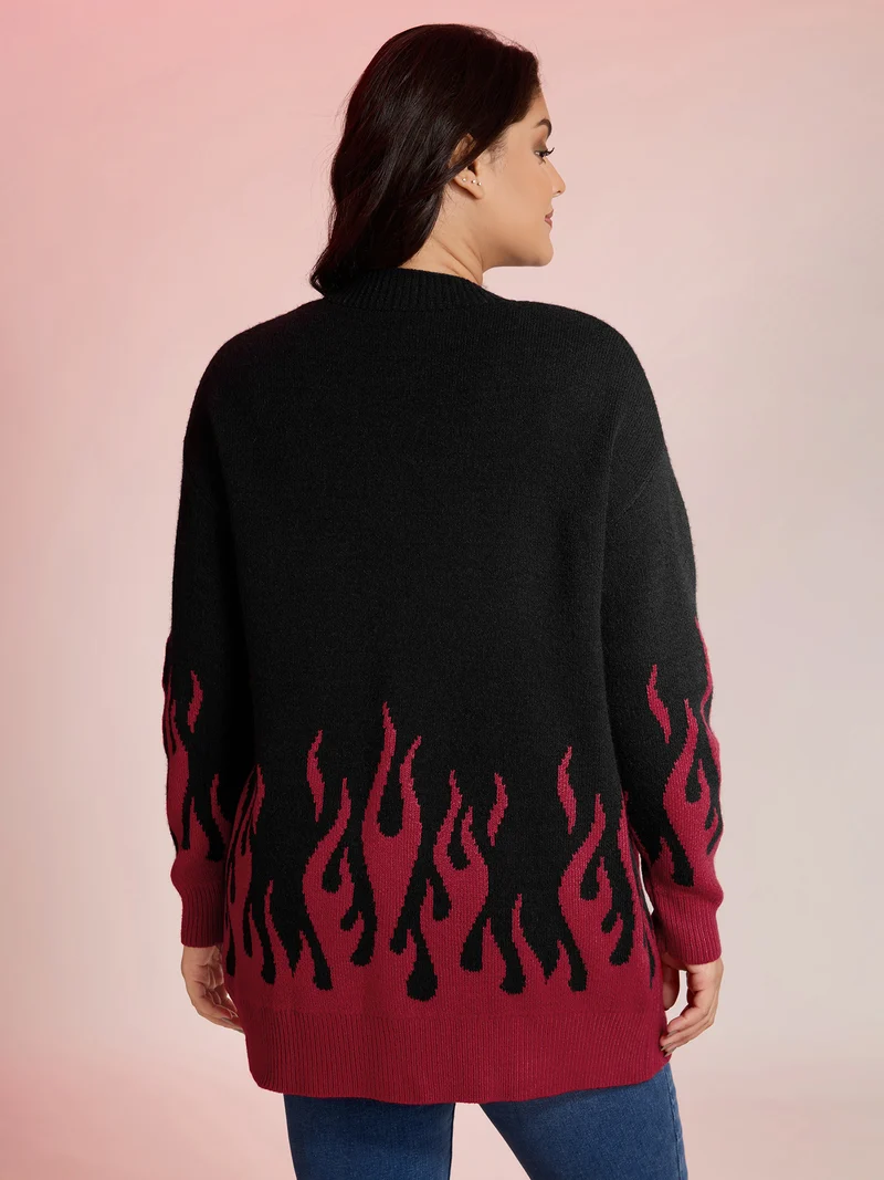 Flame Pattern Ribbed Hem Pockets Knit Cardigan