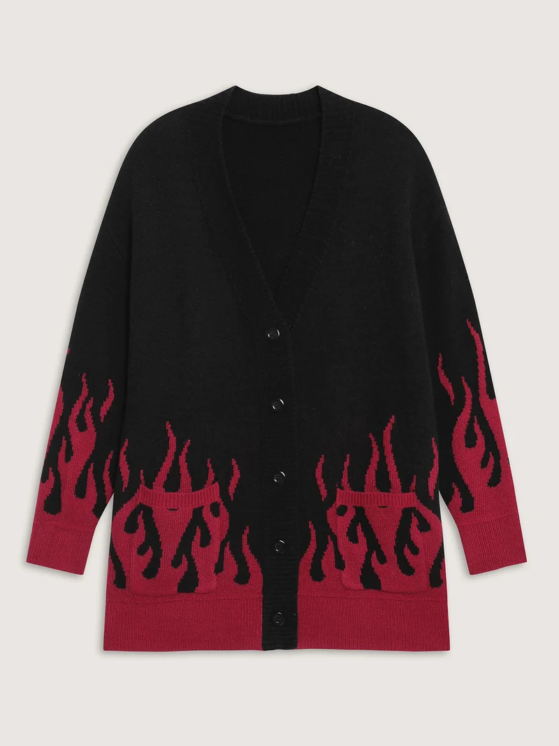 Flame Pattern Ribbed Hem Pockets Knit Cardigan