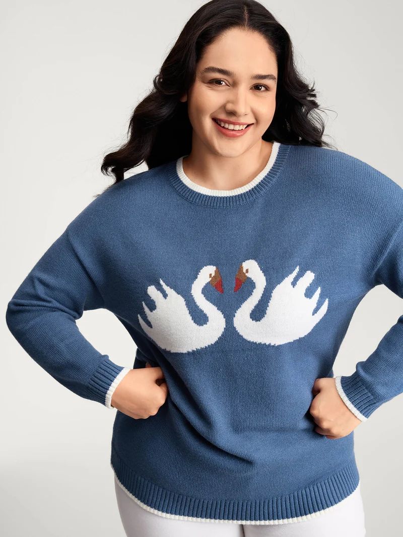 Swan Jacquard Pattern Color Contrast Pullover