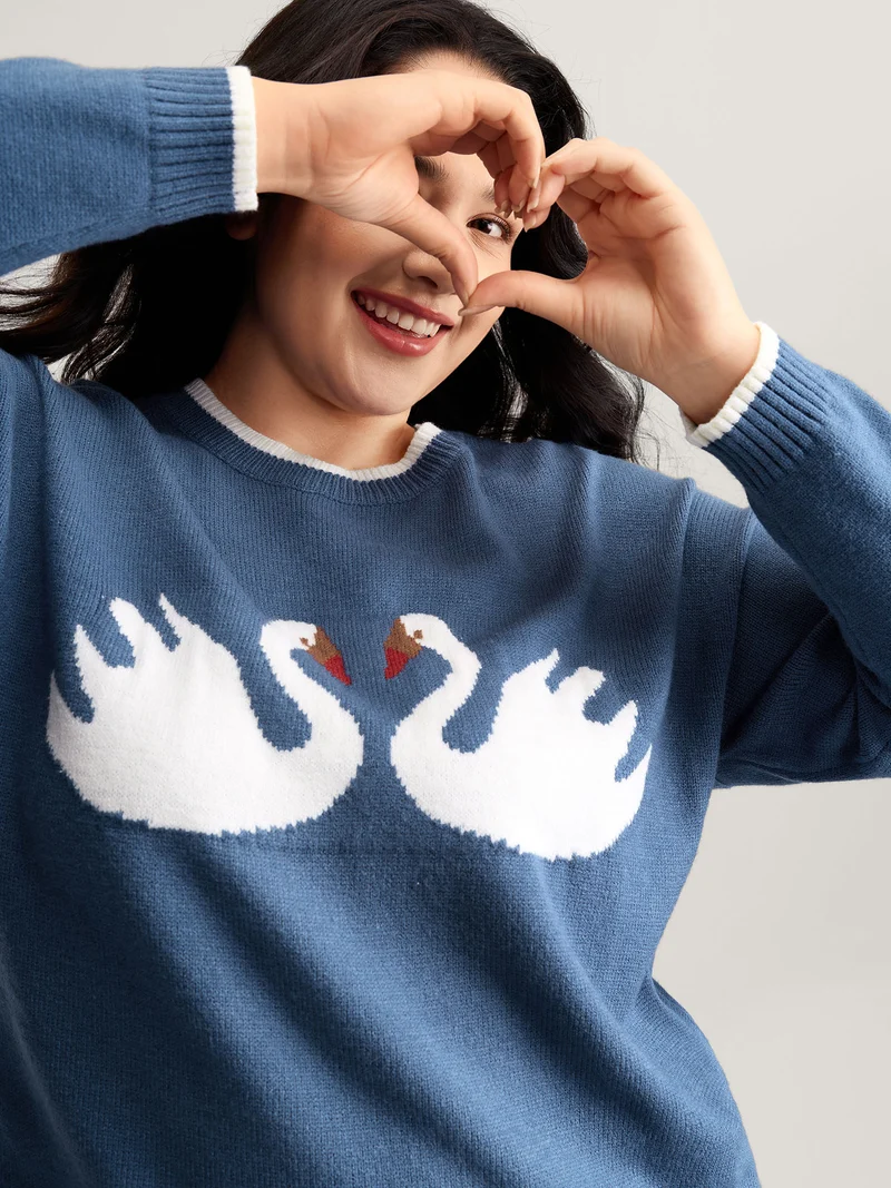 Swan Jacquard Pattern Color Contrast Pullover