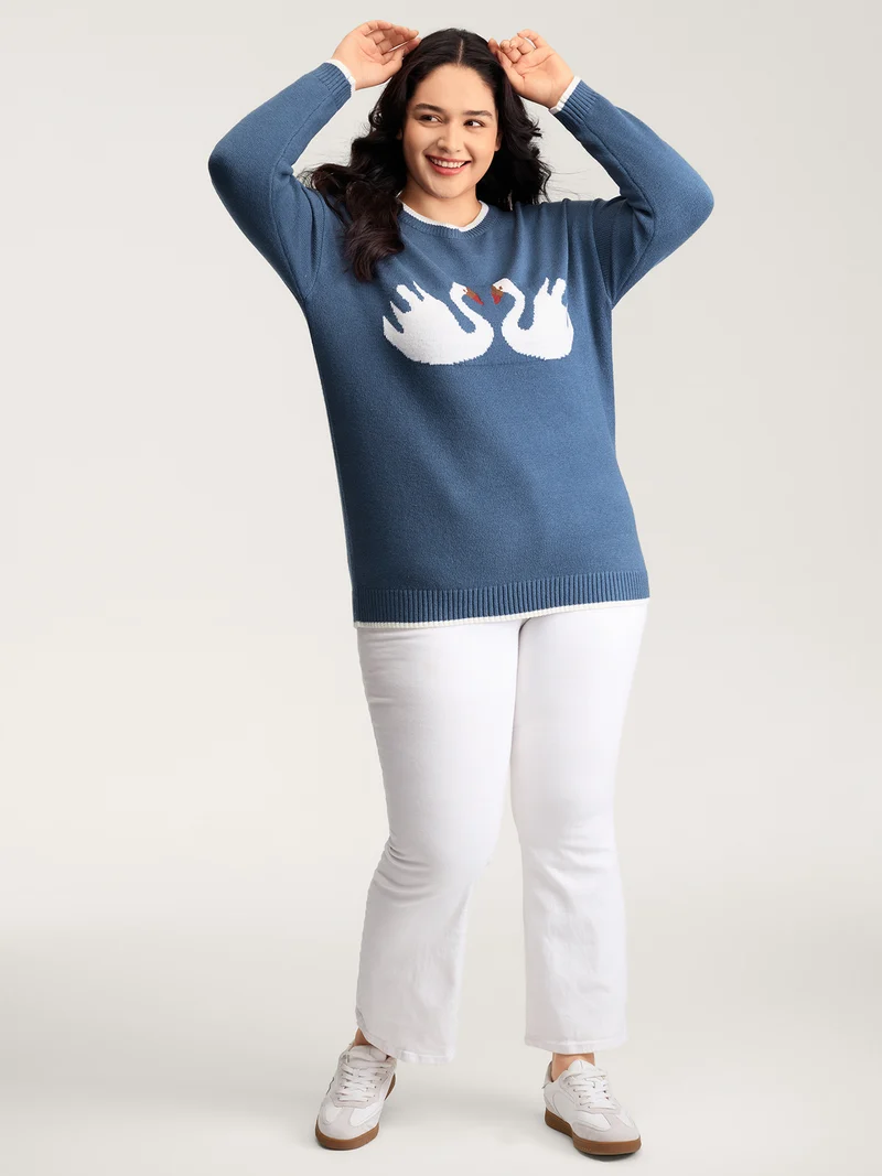Swan Jacquard Pattern Color Contrast Pullover
