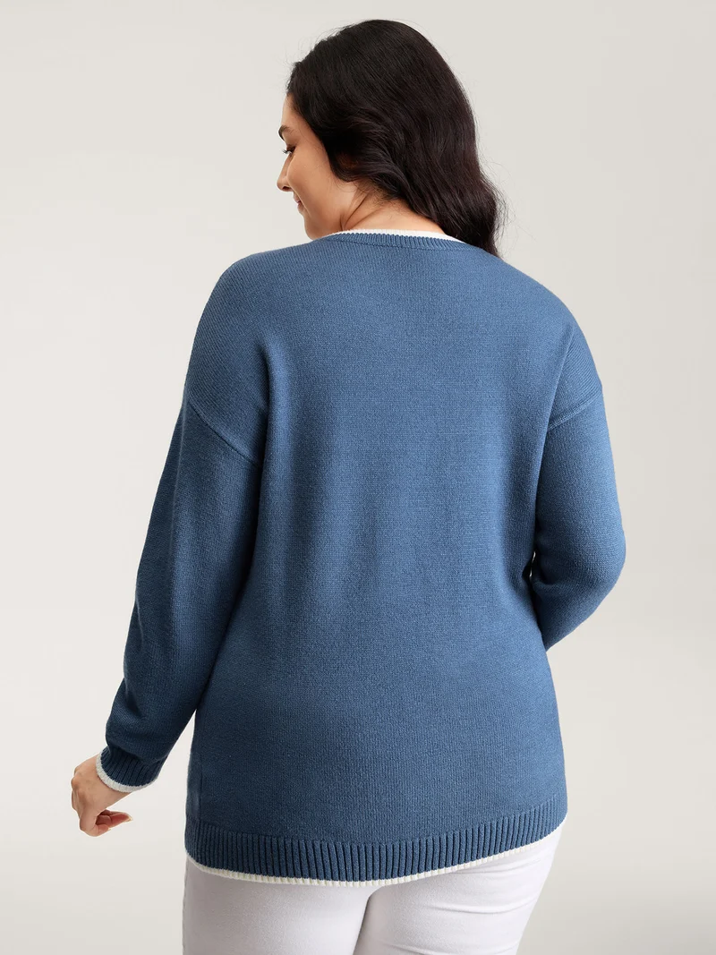 Swan Jacquard Pattern Color Contrast Pullover