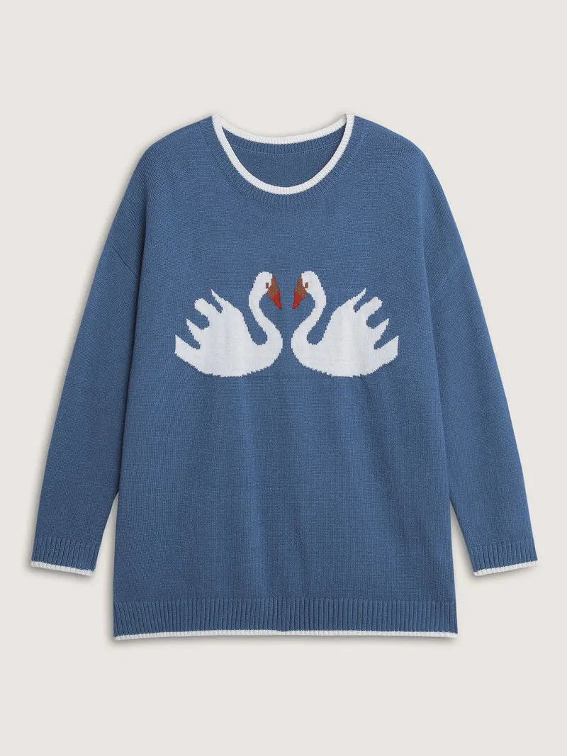 Swan Jacquard Pattern Color Contrast Pullover