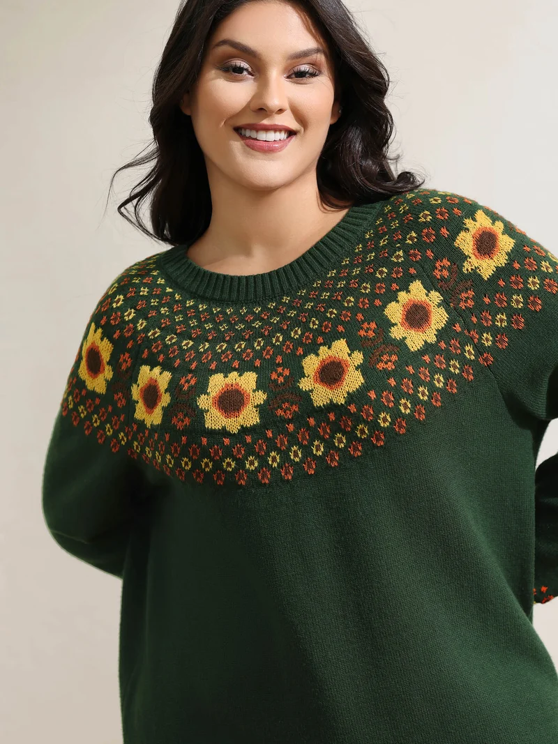 Fair Isle Floral Pattern Ribbed Hem Pullover
