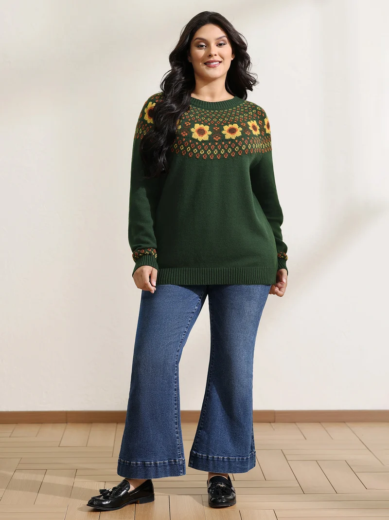 Fair Isle Floral Pattern Ribbed Hem Pullover