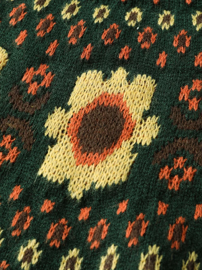 Fair Isle Floral Pattern Ribbed Hem Pullover