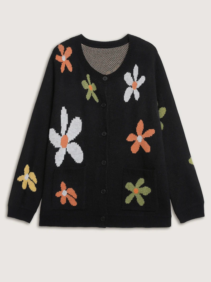 Floral Pattern Button-Down Knit Cardigan