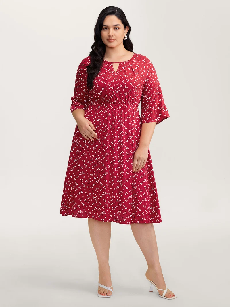 Floral Print Shirred Cut-Out Neck Midi Dress