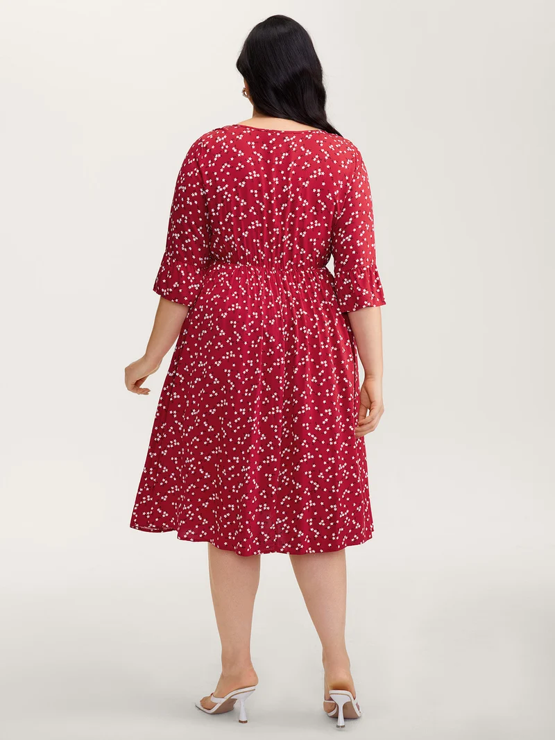 Floral Print Shirred Cut-Out Neck Midi Dress