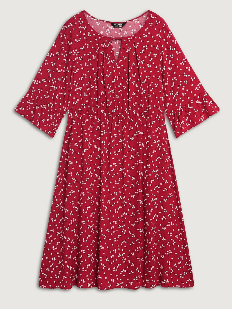 Floral Print Shirred Cut-Out Neck Midi Dress