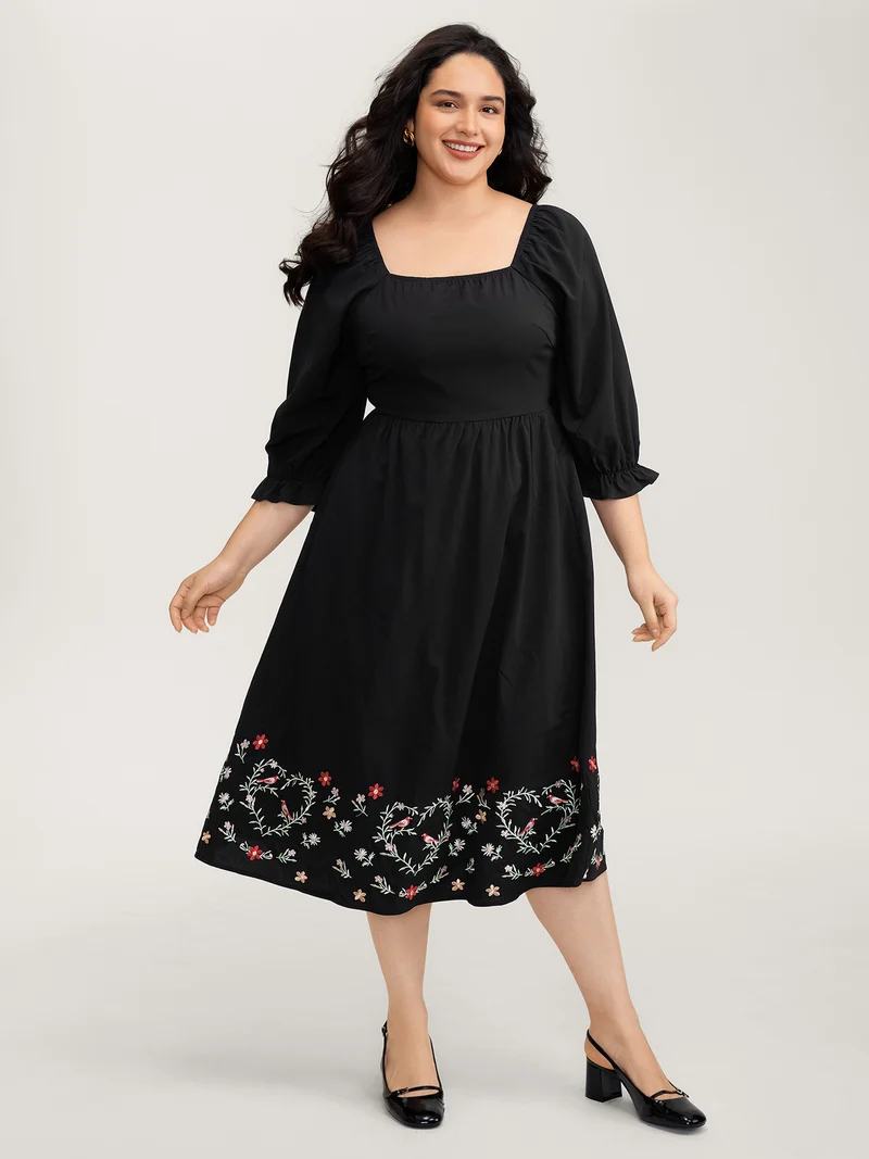Floral Embroidery Puff Sleeve Midi Dress