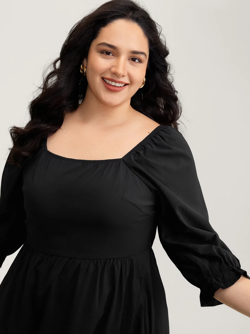 Floral Embroidery Puff Sleeve Midi Dress