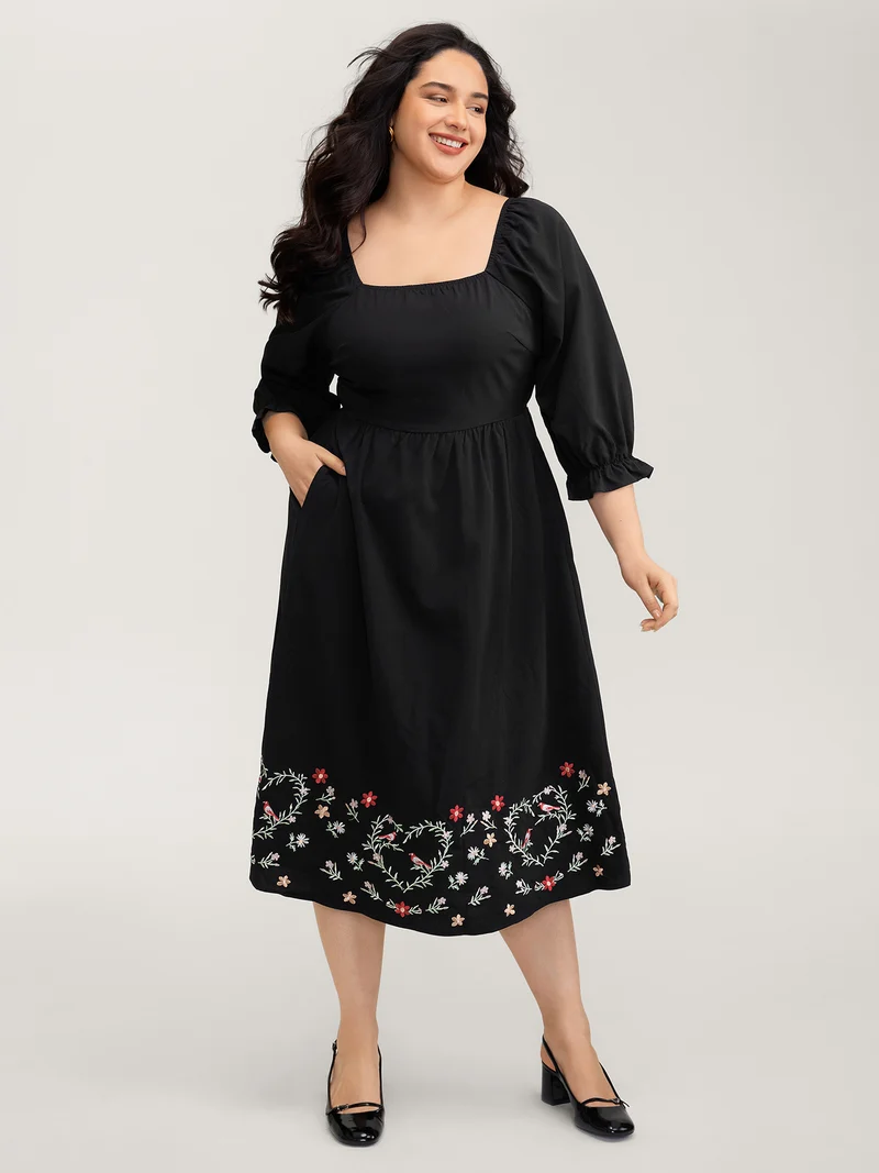 Floral Embroidery Puff Sleeve Midi Dress
