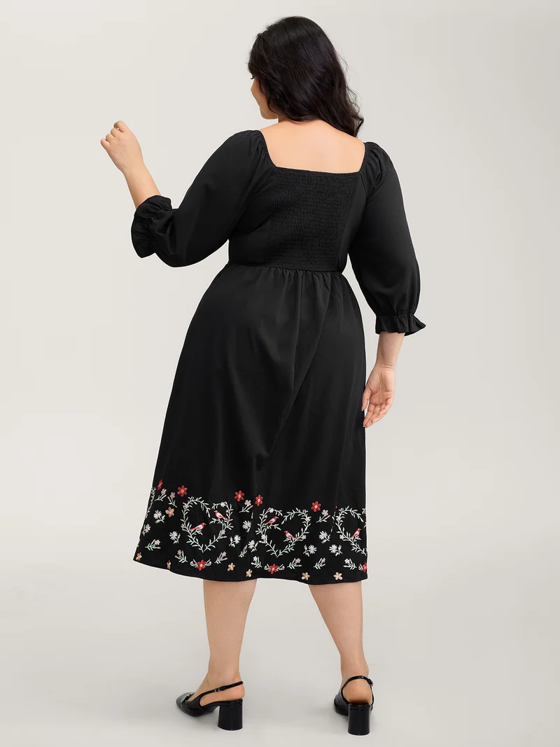 Floral Embroidery Puff Sleeve Midi Dress