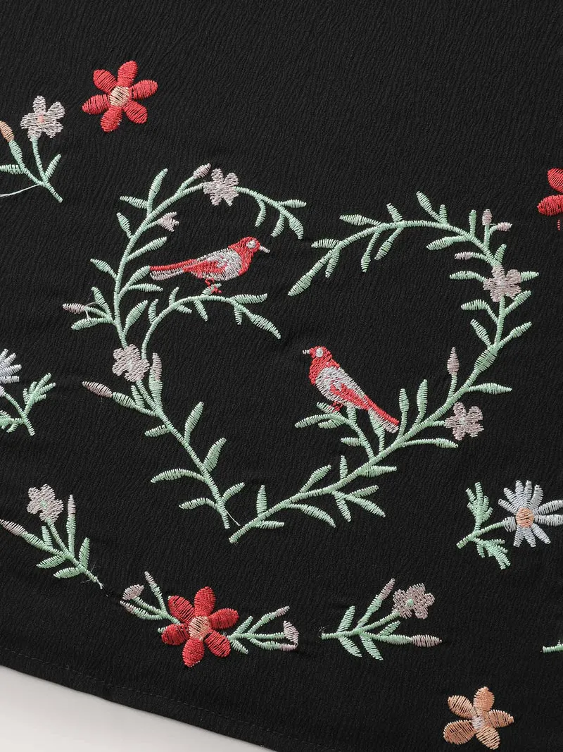 Floral Embroidery Puff Sleeve Midi Dress