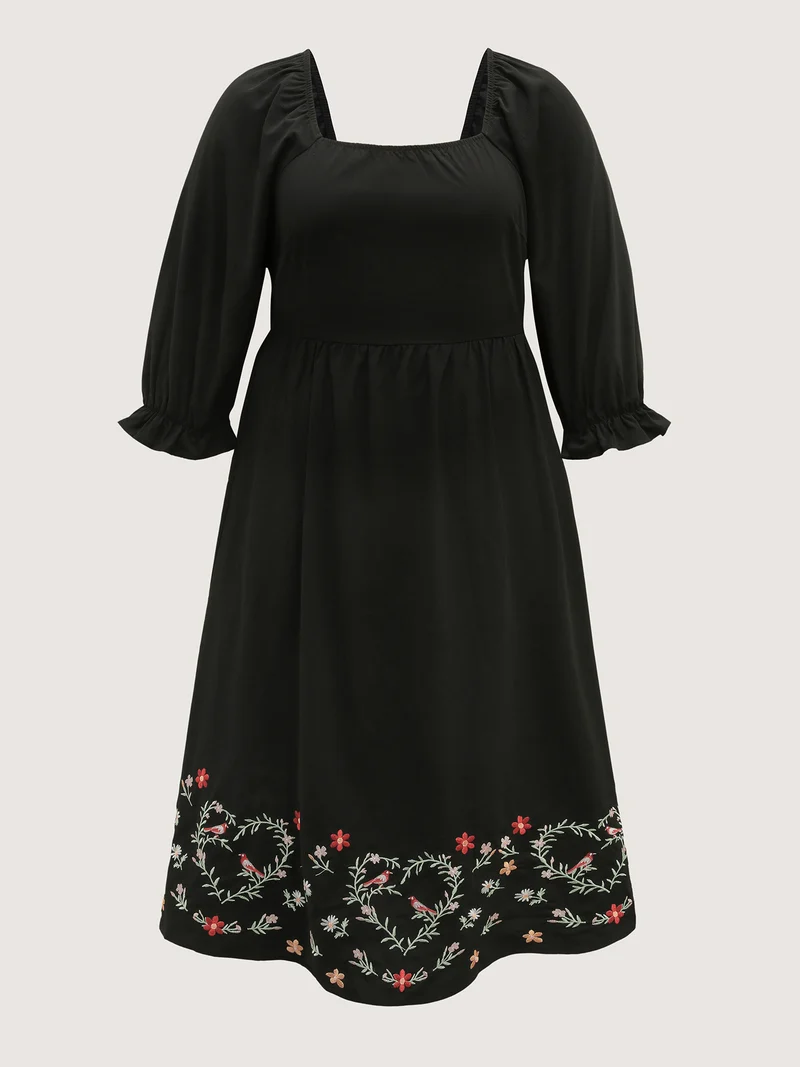 Floral Embroidery Puff Sleeve Midi Dress