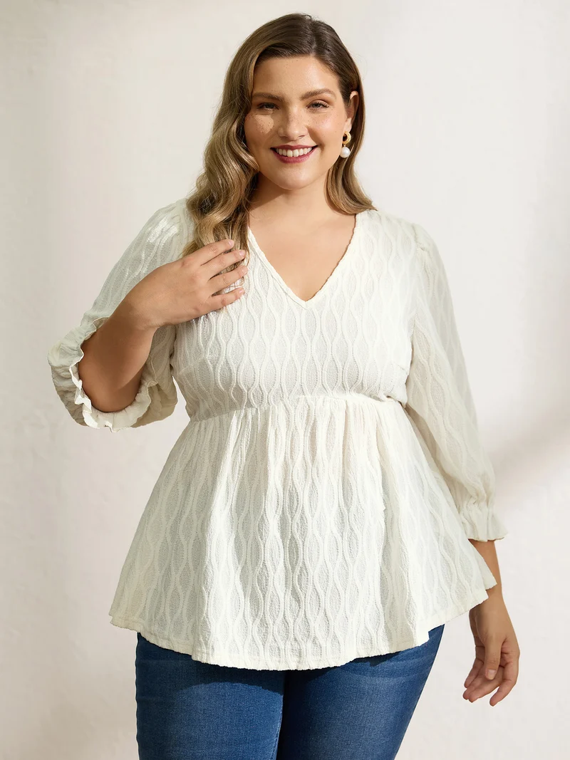 Textured Puffy Sleeve V-Neck Blouse