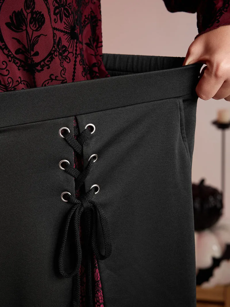 Skull Mesh Panel Cross-Tie Maxi Skirt