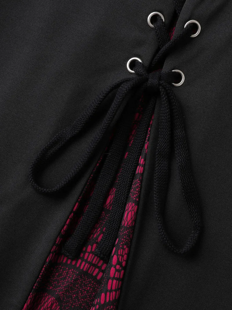 Skull Mesh Panel Cross-Tie Maxi Skirt
